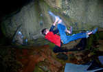 [Tom Peckitt on the starting section of Bulbhaul, Almscliff, 3 kb]