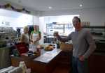 [Stu McAleese with his morning coffee. Pat Williams and Amy Griffiths, Caban Pen y Pass chefs and baristas., 2 kb]