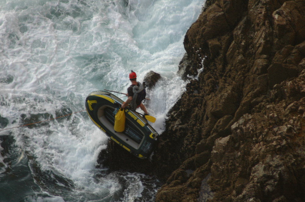 Iain about to 'leap into the rage' whist getting off the Lighthouse Stack © Iain Miller