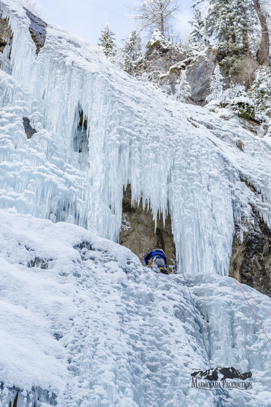 Approaching the belay of Catedrale Destra in Sottoguda