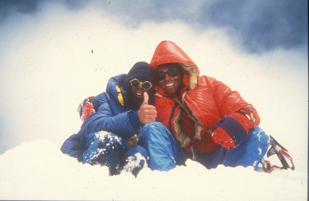 Vic Saunders (left) and Mick Fowler on the summit of Spantik in 1987