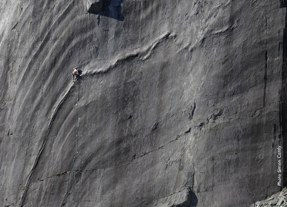 The infamous Rainbow Slab in Dinorwig. This feature is part of a giant fold; rocks that have buckled as tectonic plates moved. © Simon Cardy