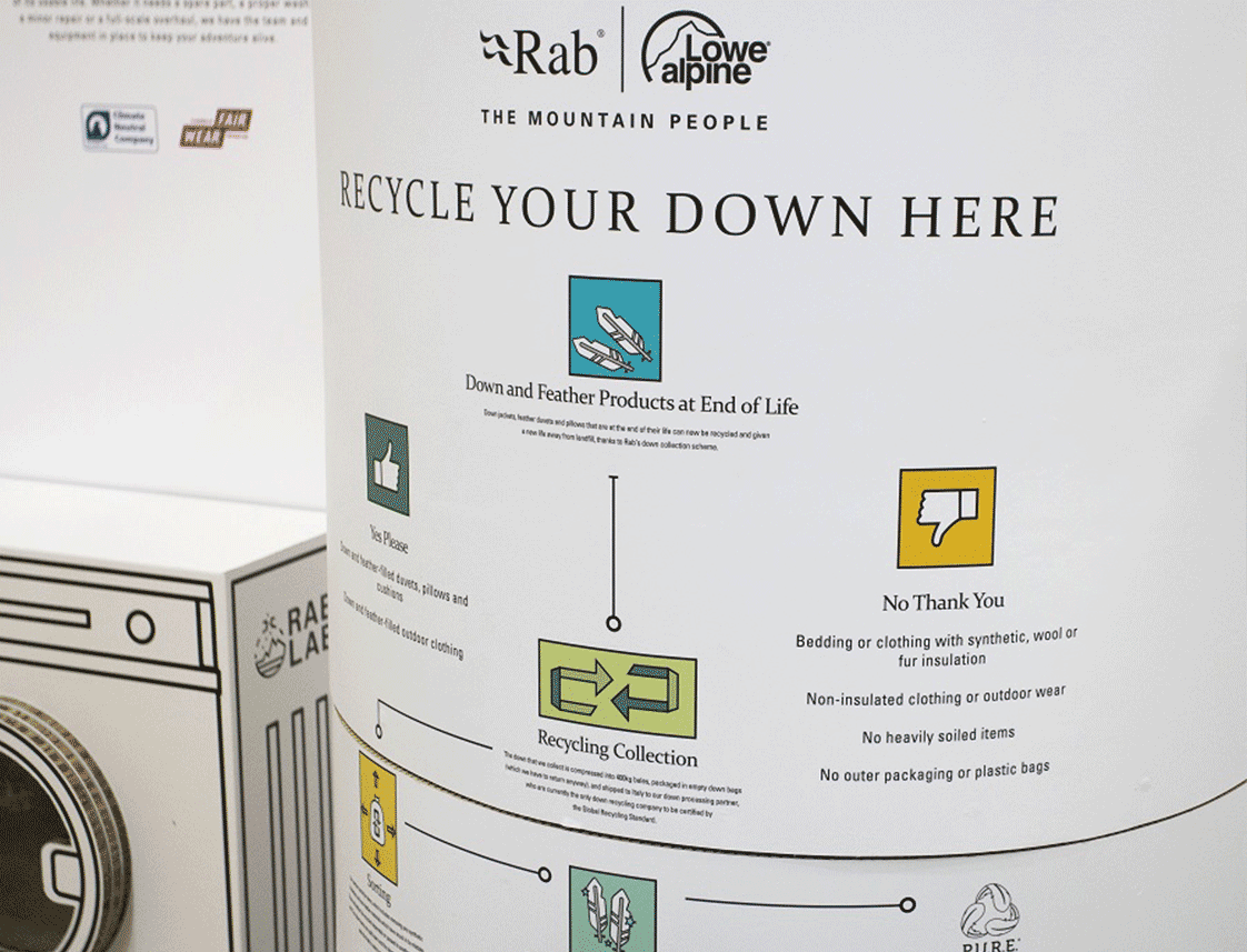 Down collect bin at Rab's UK Headquarters
