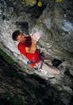 Dave Birkett on the upper section of Uphellya. Steep climbing on large loose blocks., 4 kb