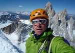 Colin Haley: Self portrait on the summit, with Fitz Roy and Poincenot behind., 4 kb