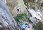 Franco about to hit the deck from 20 metres on 'The Incurable Itch without side runners' E9 7a** ish, 4 kb