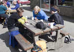 Jorg Verhoeven, Albert Leichfried and Sarah Burmester hanging out at Eric's Cafe, Tremadog, 5 kb
