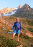Jon Morgan at the Refugio Elisabetta, 2150m with the Aiguille des Glaciers behind, 4 kb