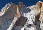 The Shark's Fin on Meru Peak with three of the routes., 4 kb