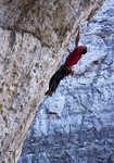 Jonathan Siegrist on the first crux of Le Reve, 9a/+, Arrow Canyon, Nevada, 5 kb