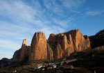 Riglos, Spain. The classic route of Fiesta de los Biceps takes the left side of the steep face on the right., 3 kb