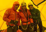 Ueli Steck, Jon Griffith and Simone Moro at camp 2. "We were told to put on our helmets, pack our bags, and run.", 5 kb