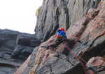 Bridging wide on pitch 2 of Spit in Paradise, Pabbay, 4 kb