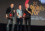 Ueli Steck, Ian Welsted and Raphael Slawinski with their golden ice axe awards, 4 kb