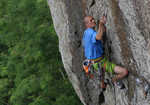 Steve McClure sorting the fiddly lower runners on his re-enactment of his onsight of Strawberries, E7 6b, Tremadog, 4 kb